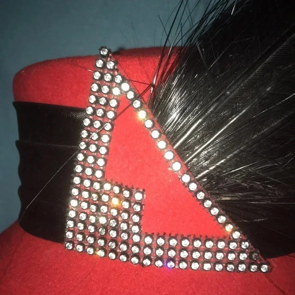 THE HAT GENERATION Red, Wide Black Band, Beautiful Feathers, Rhinestone Details
